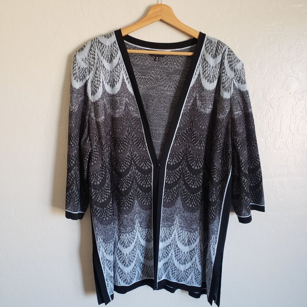 Ming Wang Knit 3/4 Sleeve Cardigan Blue/Grey/Black Size Women's 1X Clasp Artsy
